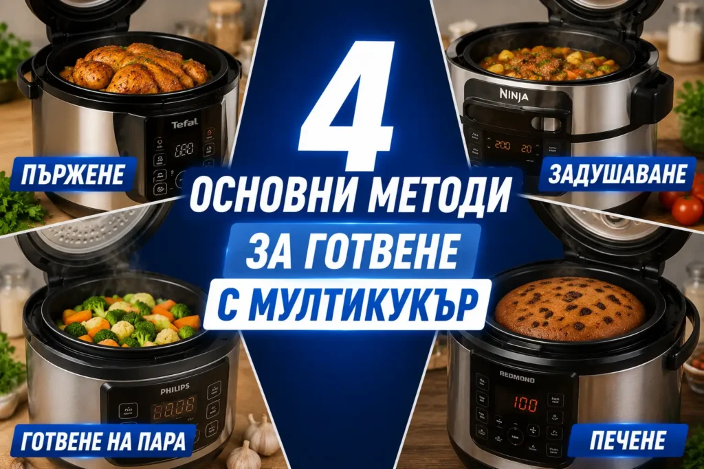 Методи на готвене с мултикукър – илюстрация на пара, пържене, задушаване и печене